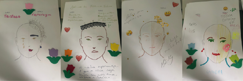 Desenhos produzidos em atividade pelas moradoras do abrigo.